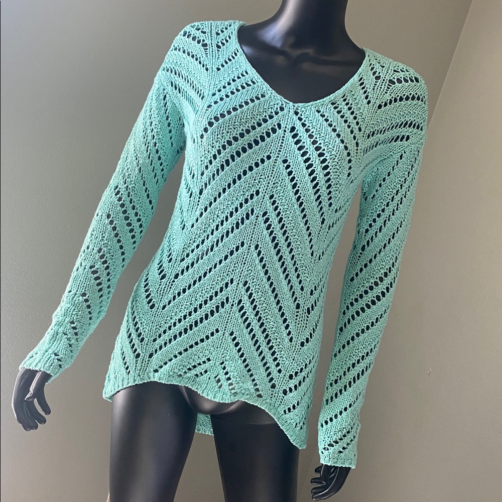 Cato Aqua V-Neck Crochet Knit Sweater